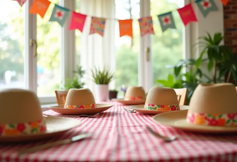 Sala decorada para festa junina com bandeirinhas e toalha xadrez