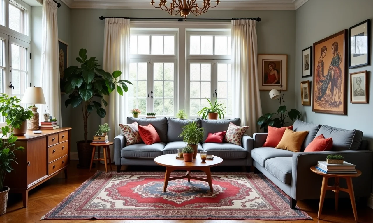 Sala eclética com sofá cinza, tapete boêmio, móveis vintage e acessórios únicos.