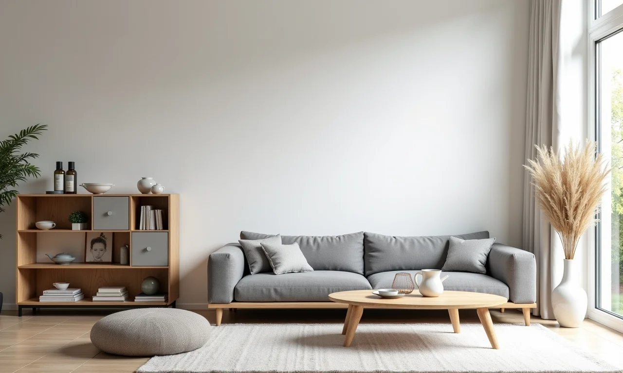 Sala escandinava com sofá cinza, mesa de centro de madeira e prateleiras minimalistas.