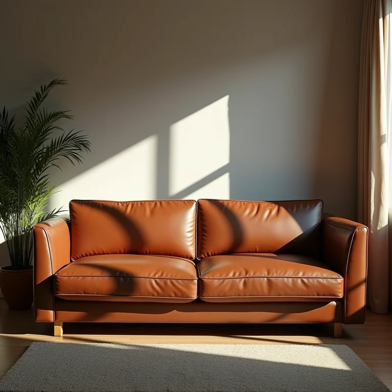 Sala escura com sofá de couro marrom mal iluminado