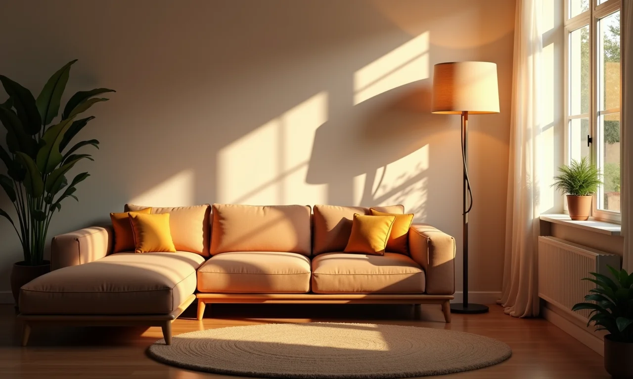 Sala iluminada com luz ambiente suave e um abajur, criando uma atmosfera acolhedora.