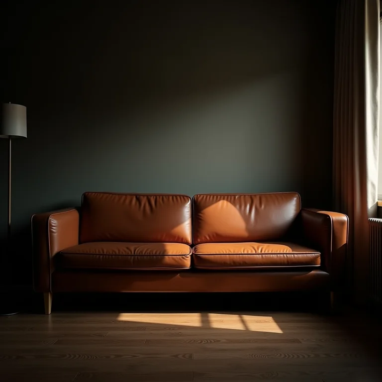Sala mal iluminada com sofá de couro marrom