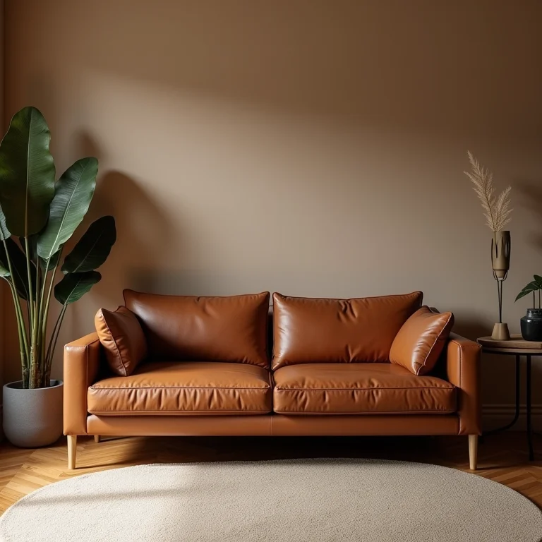 Sala marrom e bege com sofá de couro marrom