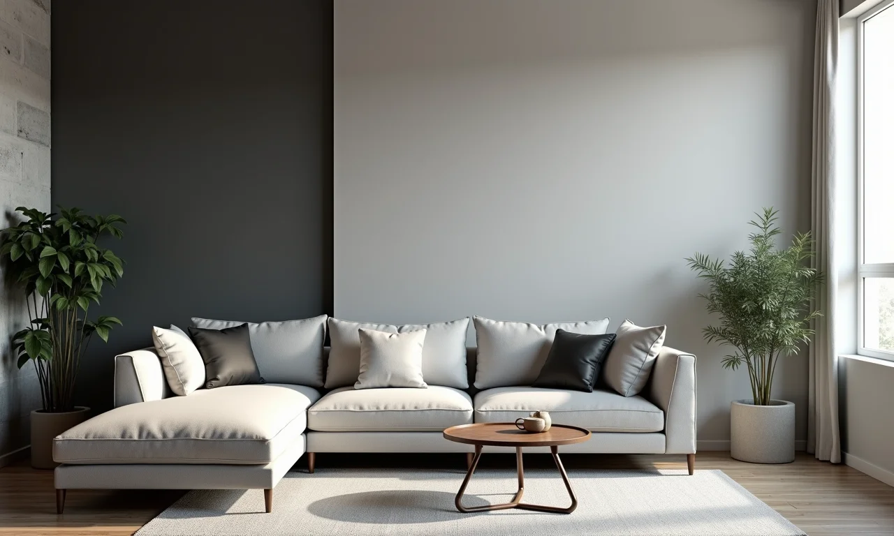 Sala moderna com diferentes tons de cinza nas paredes e sofá, decoração minimalista.