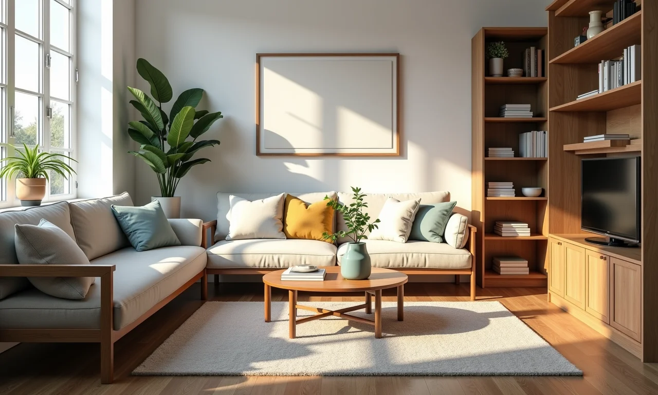 Sala organizada e livre de desordem, com soluções de armazenamento inteligentes.