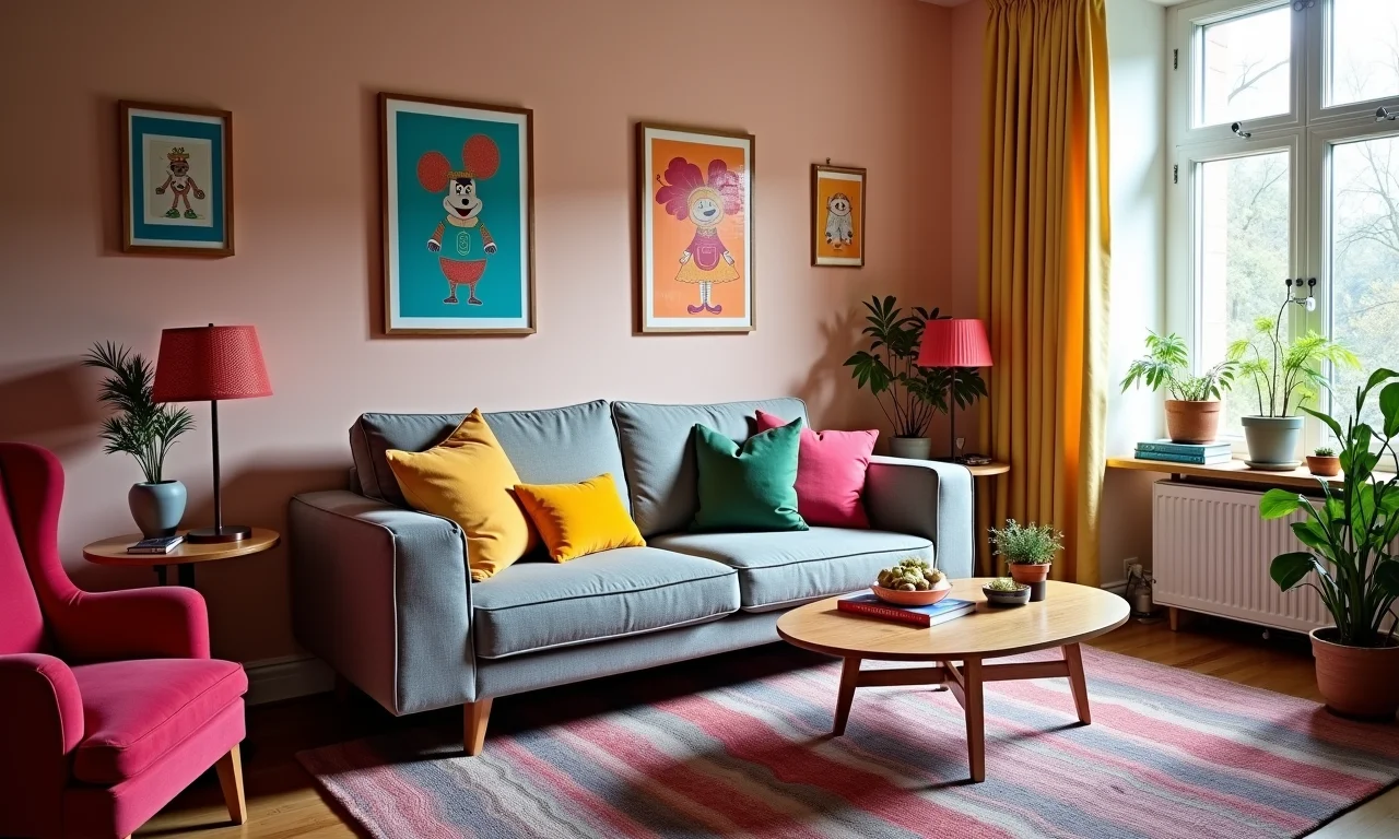 Sala vibrante com sofá cinza, almofadas coloridas e obras de arte alegres.