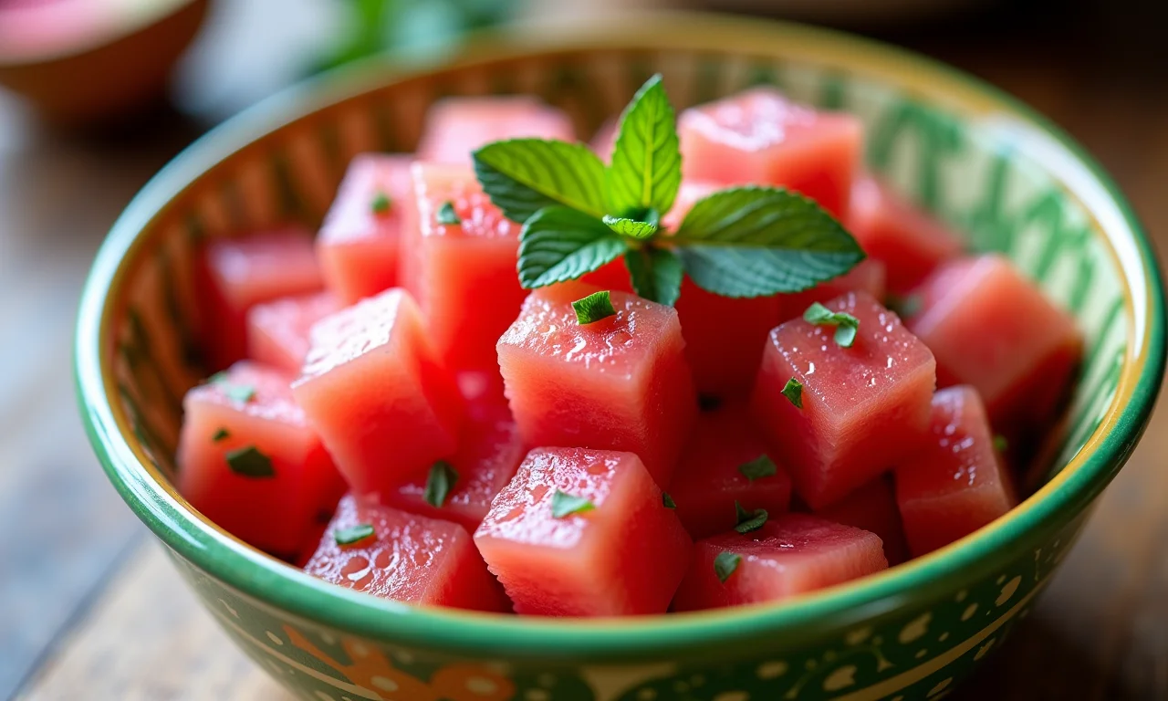 Salada de melancia com queijo coalho e hortelã, uma combinação refrescante e saborosa para o verão.
