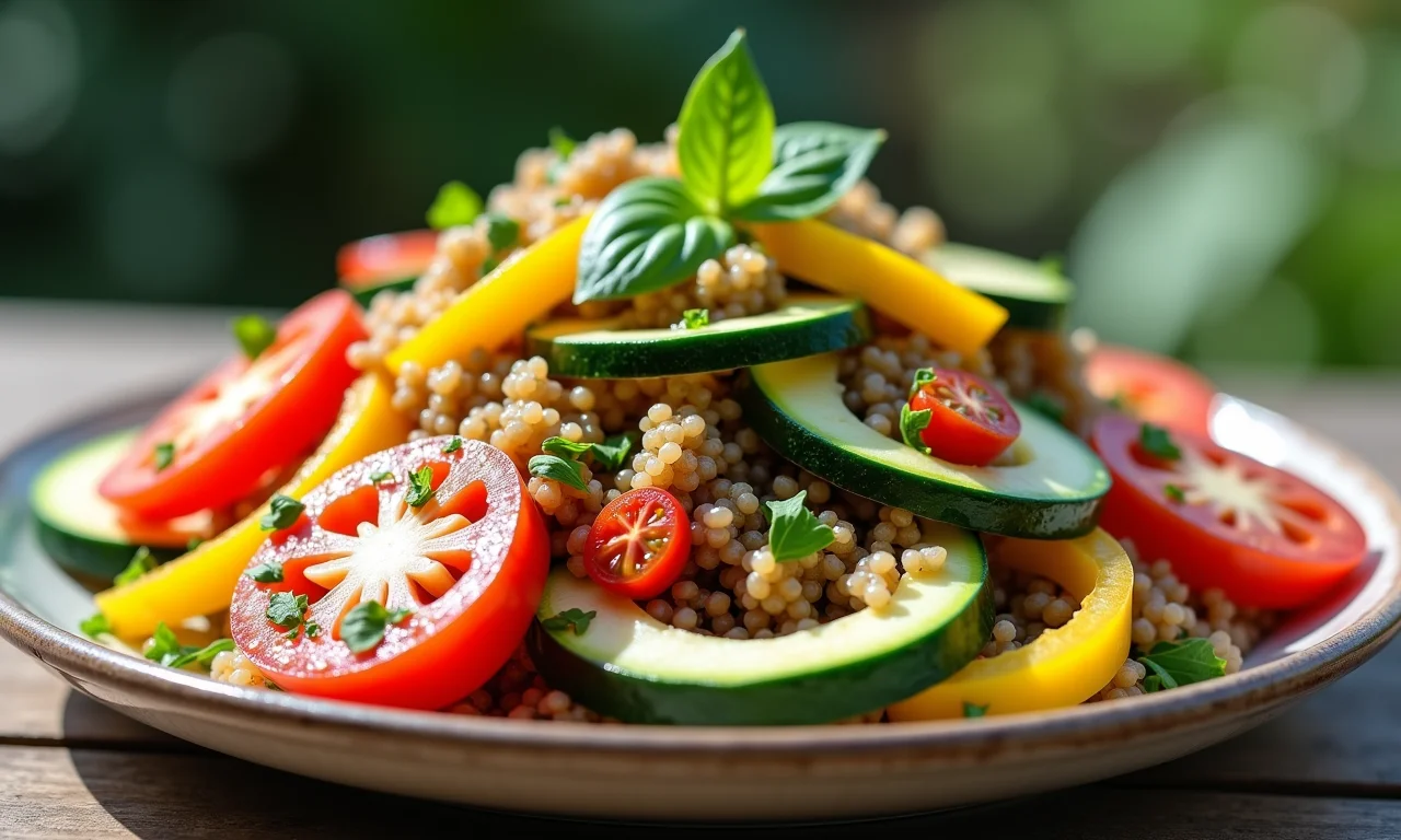 Salada de quinoa refrescante com legumes coloridos, perfeita para um almoço leve e nutritivo.