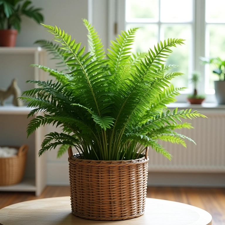 Samambaia americana clássica e elegante em cesto de vime.