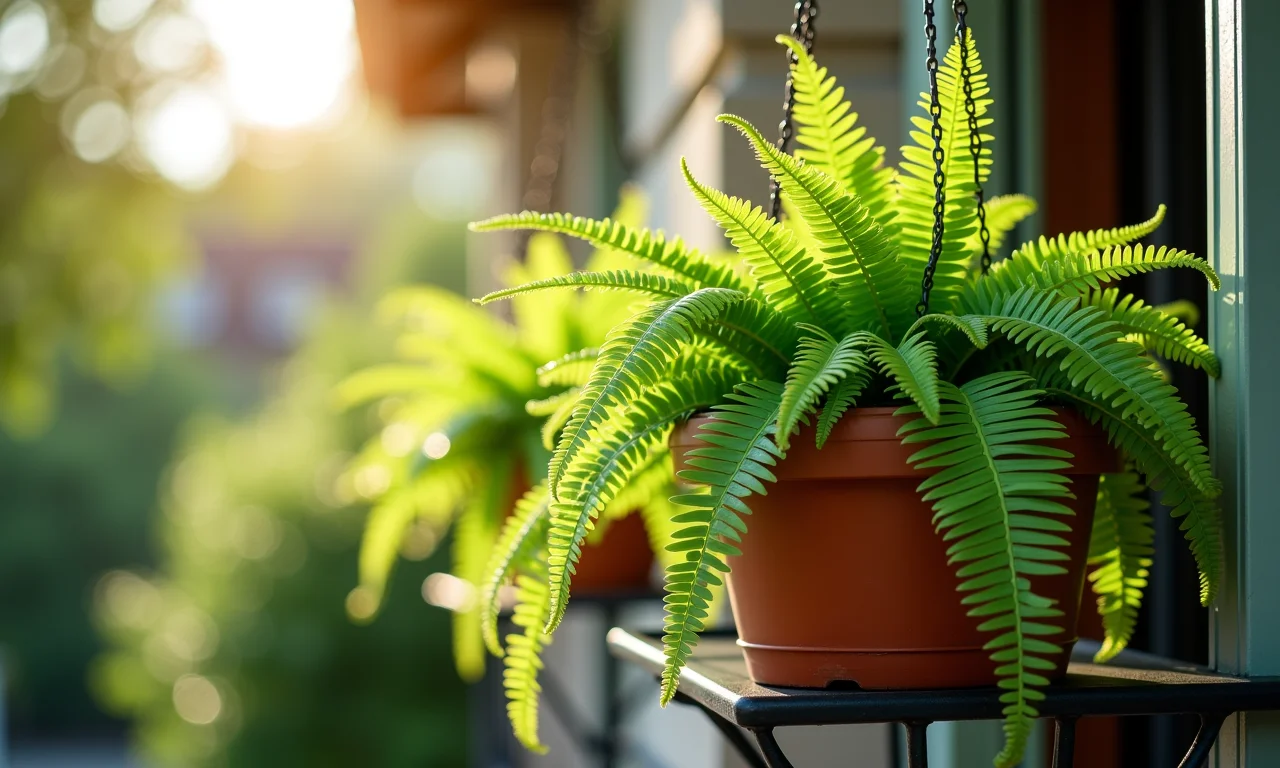 Samambaia exuberante em vaso pendurado na varanda sombreada.