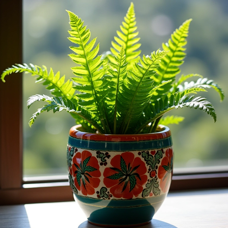 Samambaia havaiana exótica e vibrante em vaso de cerâmica colorido.