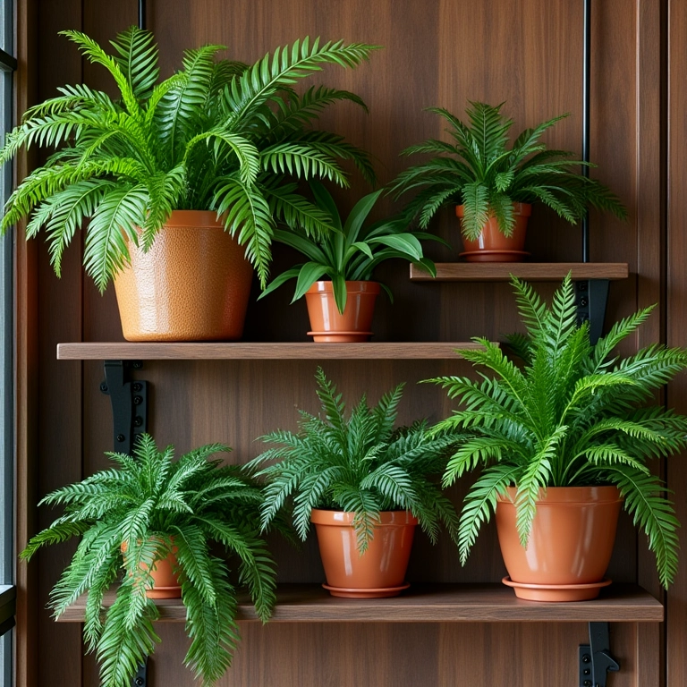 Samambaias em prateleiras de madeira, design de interiores brasileiro.