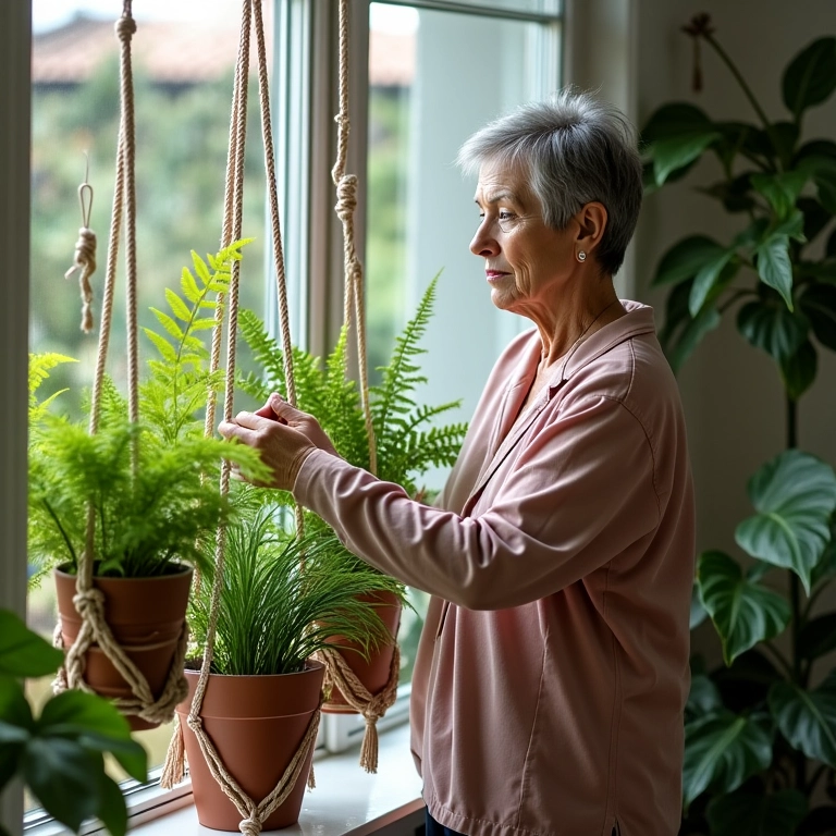 Samambaias penduradas em macramê, decoração brasileira.