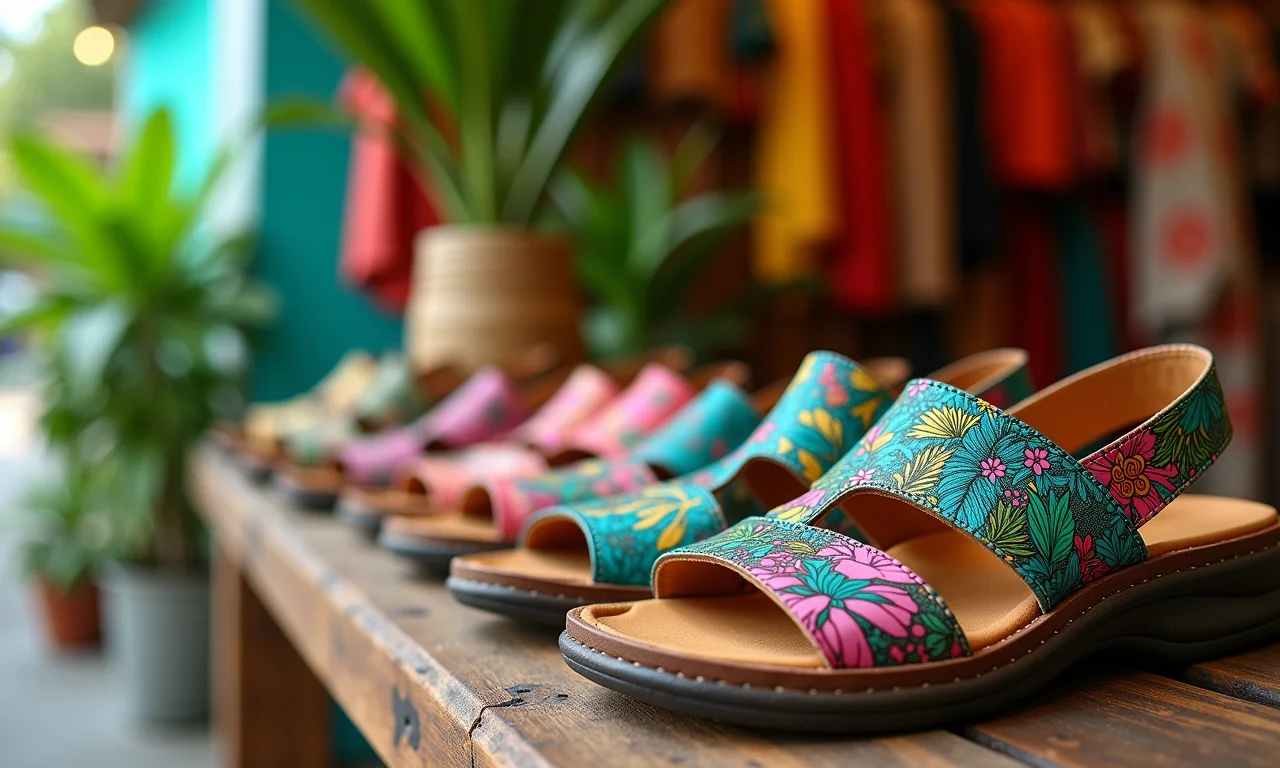 Sandálias com cores vibrantes e estampas tropicais exibidas em uma boutique brasileira.