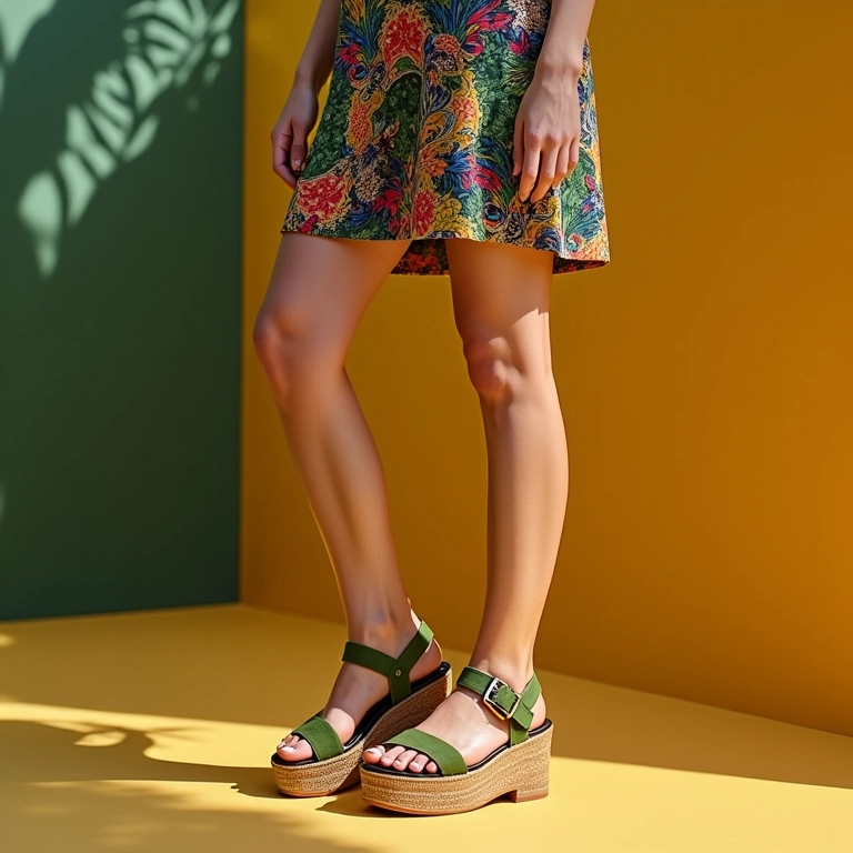 Sandálias plataforma coloridas com detalhes vibrantes.