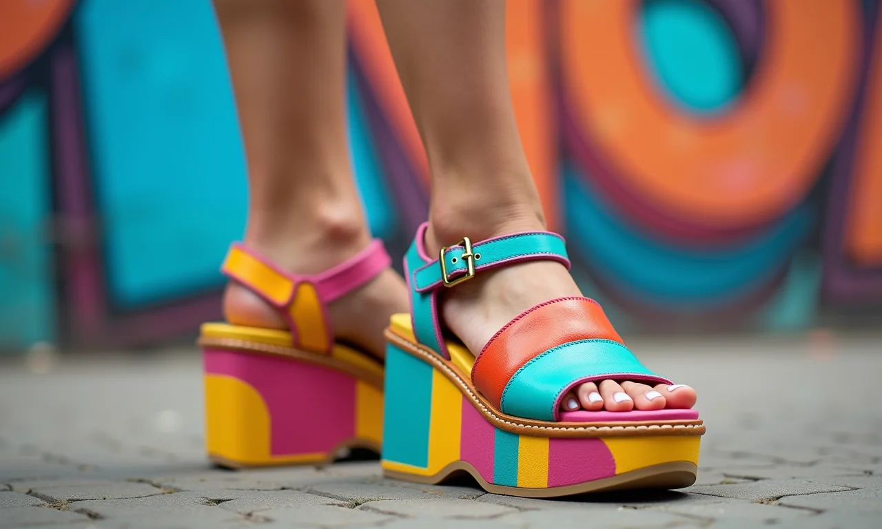 Sandálias plataforma coloridas com fundo de arte de rua vibrante.