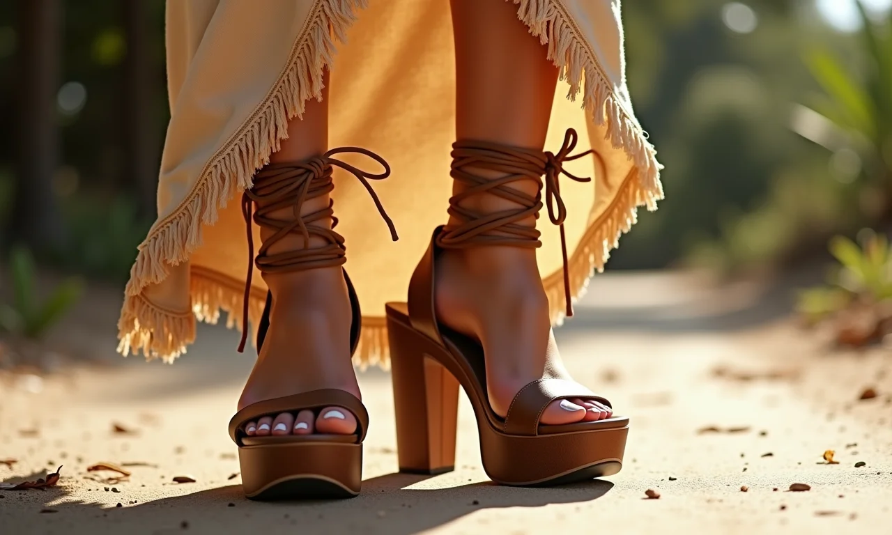 Sandálias plataforma com amarração no tornozelo com vestido leve.