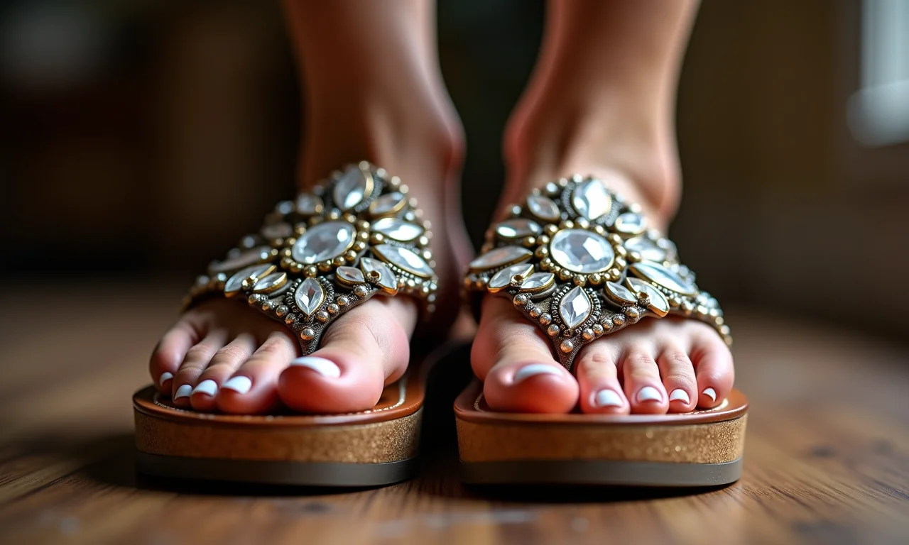 Sandálias plataforma com aplicações de pedrarias.
