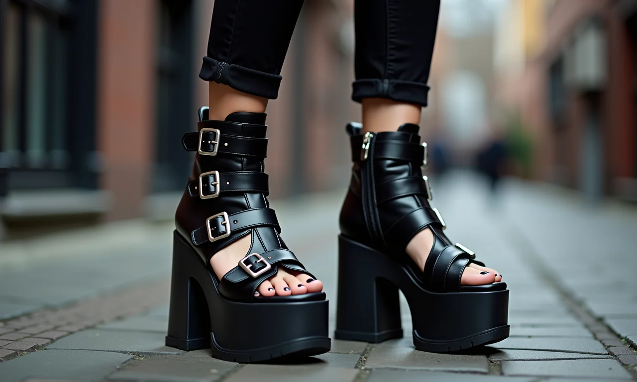 Sandálias plataforma com fivelas e jaqueta de couro.