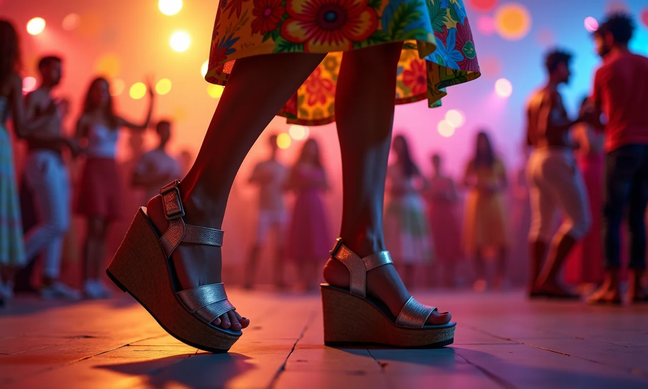 Sandálias plataforma em uma mulher dançando em uma festa brasileira vibrante.
