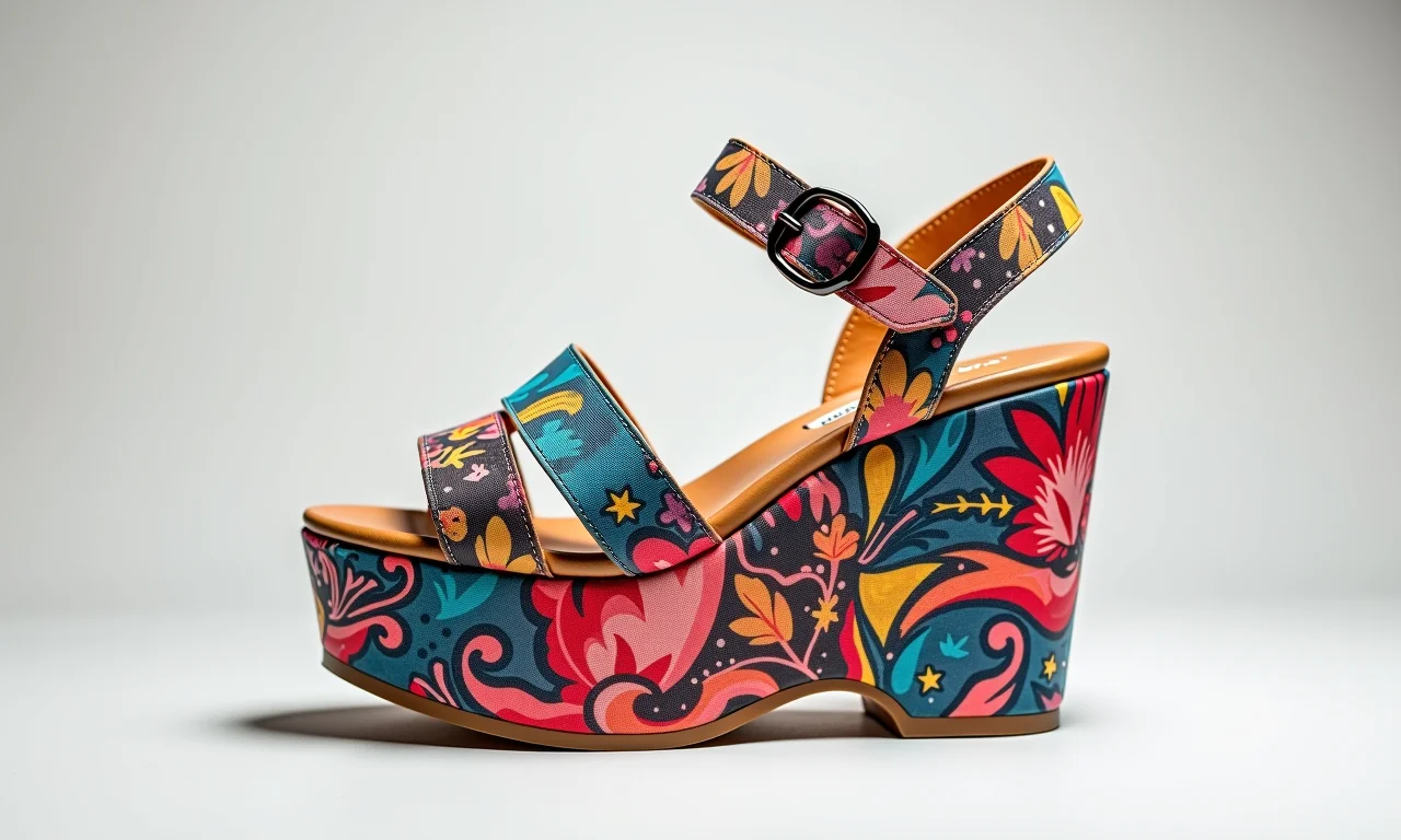 Sandálias plataforma estampadas com padrão colorido.