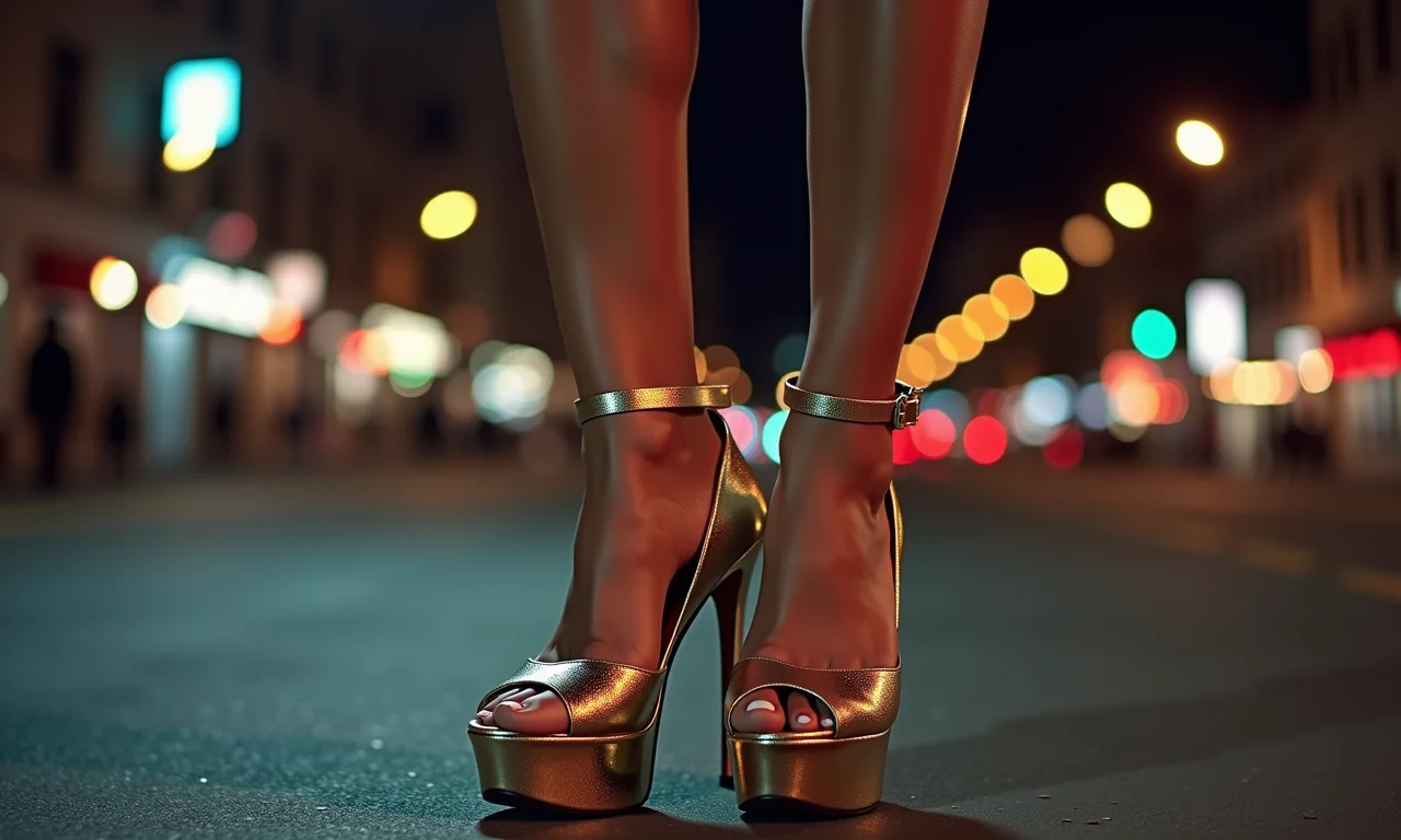 Sandálias plataforma metalizadas em cena noturna com luzes da cidade.
