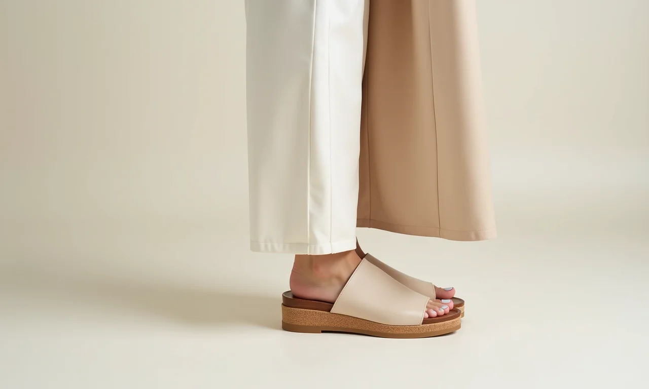 Sandálias plataforma minimalistas com roupa neutra.