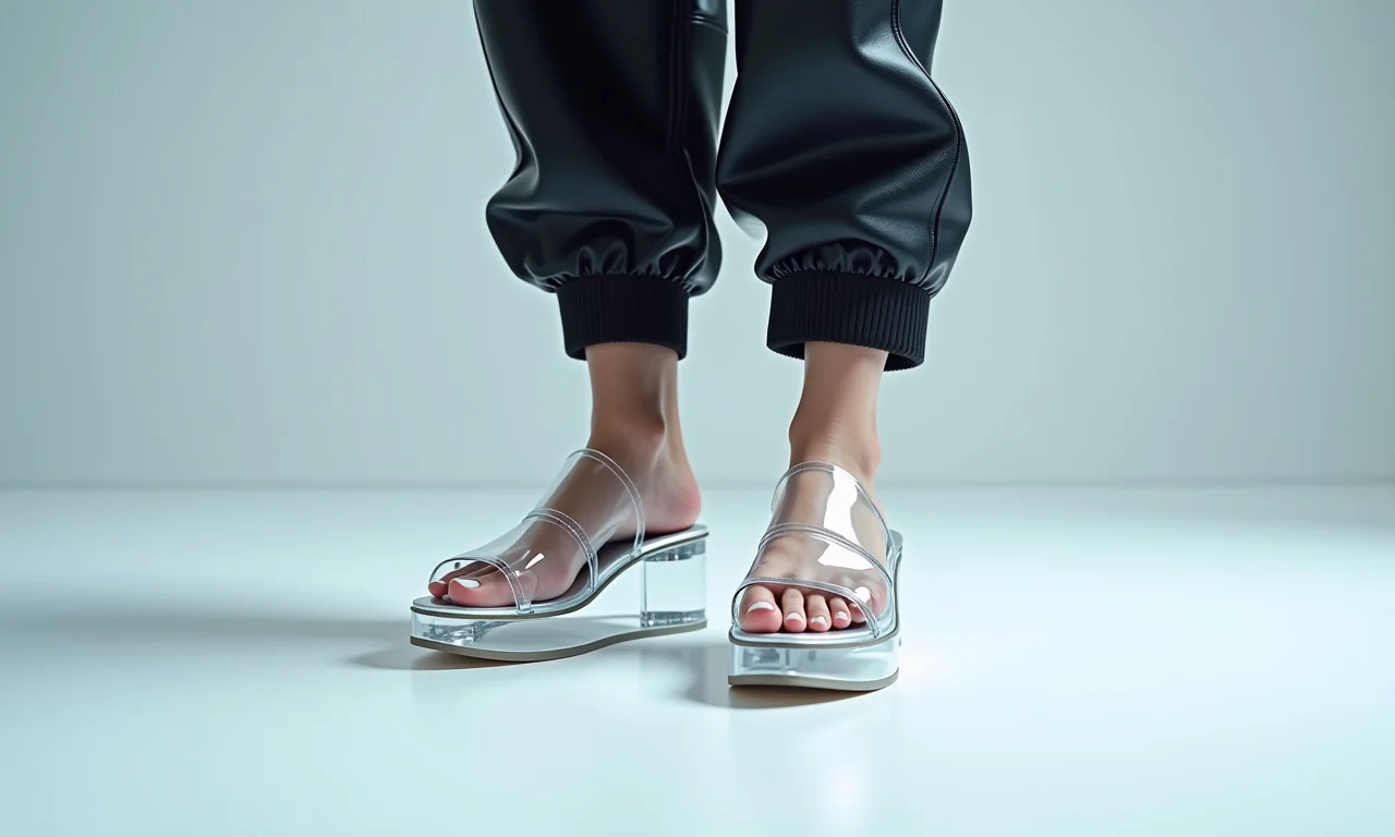 Sandálias plataforma transparentes em estúdio.