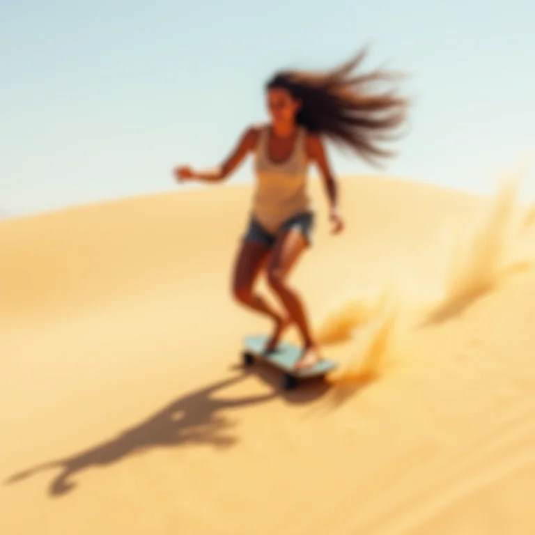 Sandboard no Deserto Ocidental: mulher desliza na areia.