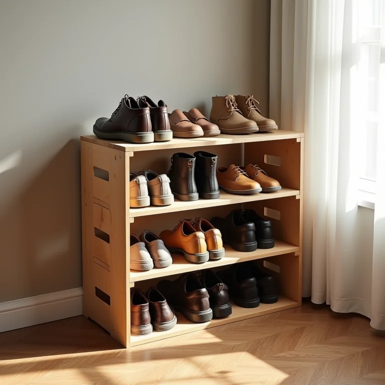 Sapateira prática feita de caixotes de feira pintados