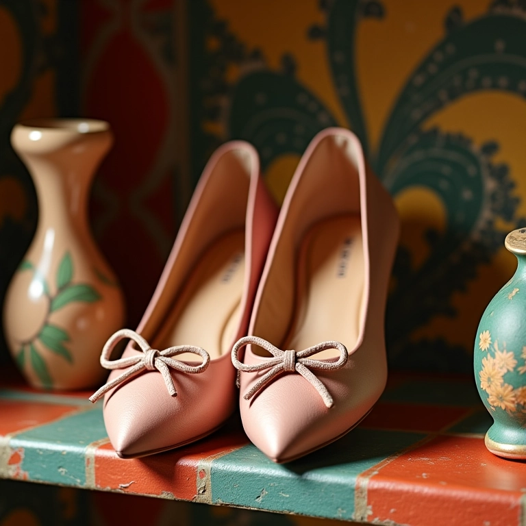 Sapatilhas com detalhe de laço expostas em prateleira colorida com objetos artesanais brasileiros.