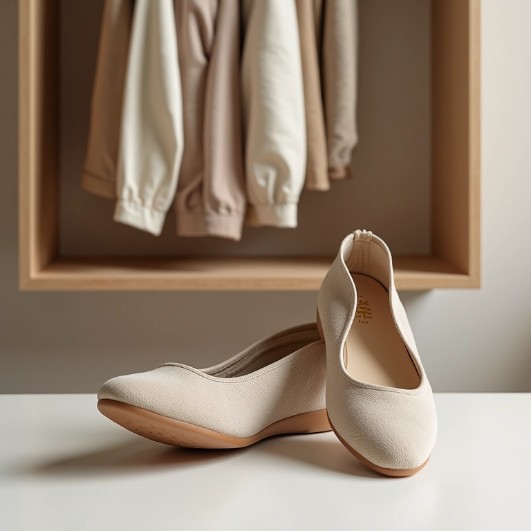 Sapatilhas neutras organizadas em um guarda-roupa minimalista brasileiro com roupas básicas.