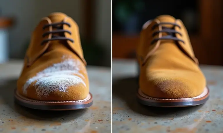 Sapato de camurça sendo limpo, mostrando o antes e depois da revitalização.