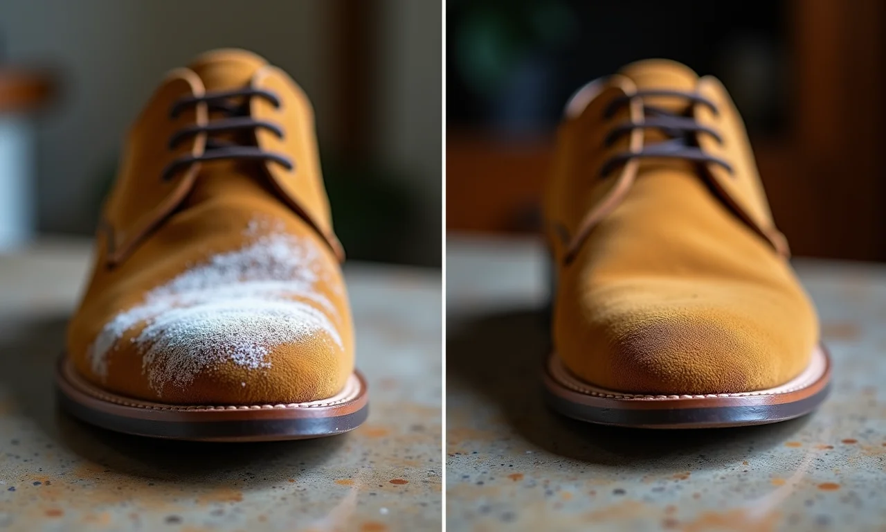 Sapato de camurça sendo limpo, mostrando o antes e depois da revitalização.