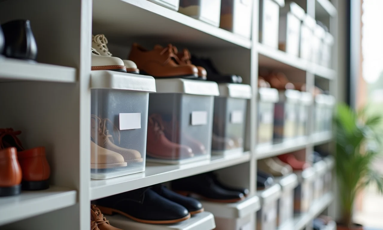Sapatos organizados em caixas transparentes no guarda-roupa.