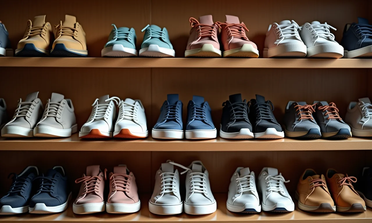Sapatos organizados por tipo e frequência de uso em prateleira.