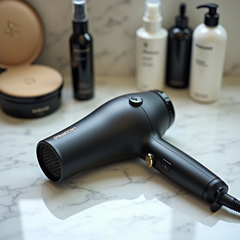 Secador de cabelo no modo frio em uma superfície de mármore.