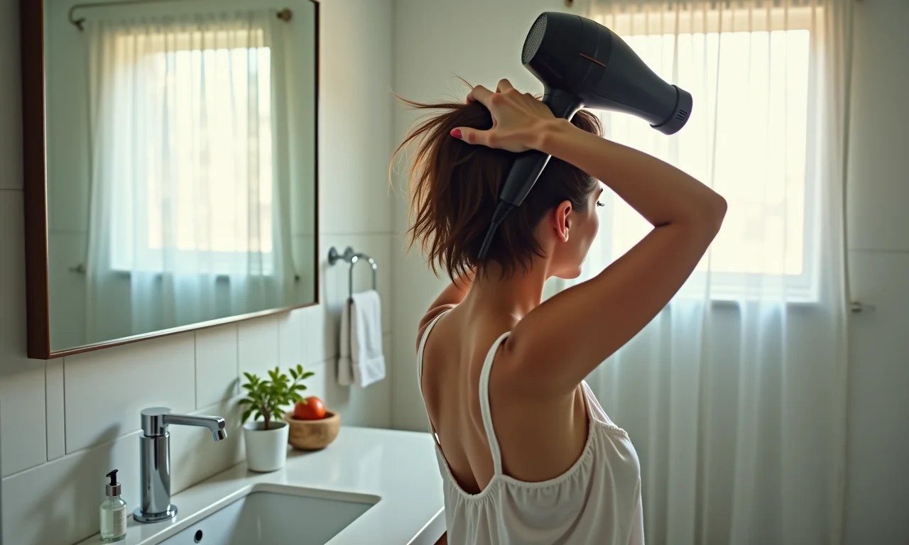 Secando cabelo de cabeça para baixo para dar volume.