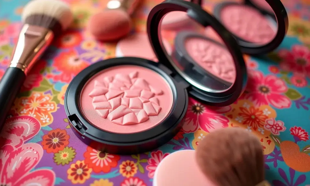 Os Melhores Blushes do Mercado Segundo Maquiadores Famosos Seleção de blushes de diferentes marcas e cores em tecido vibrante.