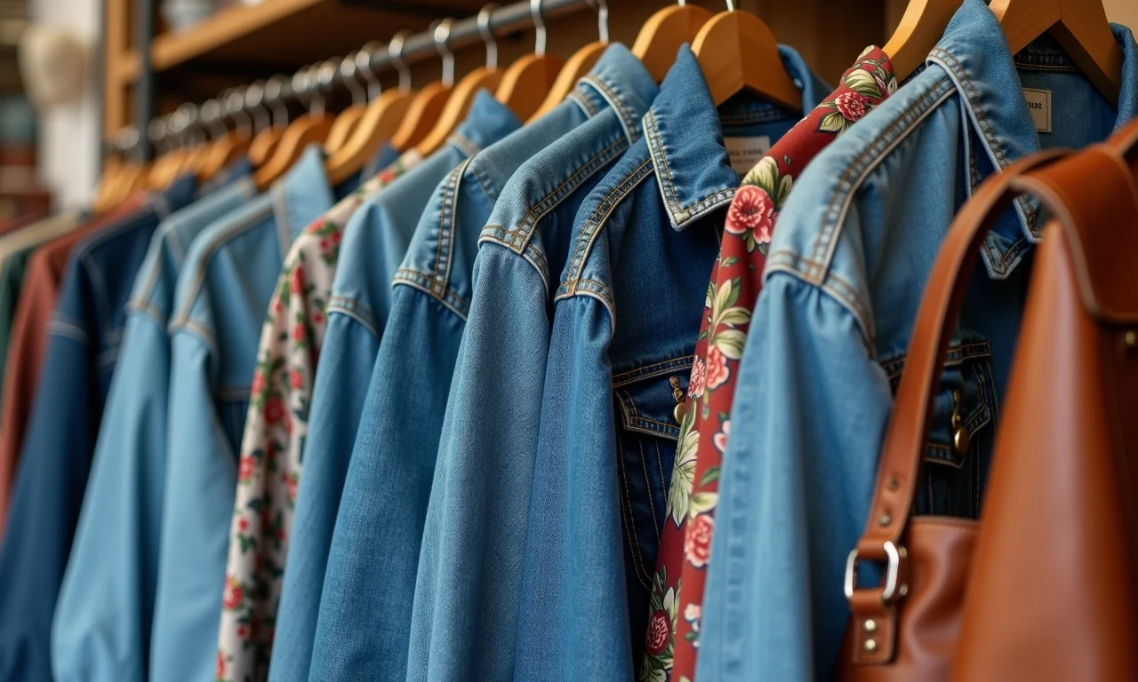 Seleção de jaquetas jeans, lenços de seda e bolsas de couro em bazar.