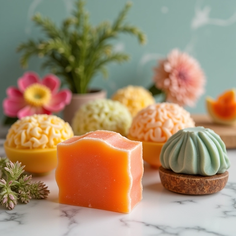 Seleção de sabonetes artesanais decorativos com cores vibrantes e designs únicos.