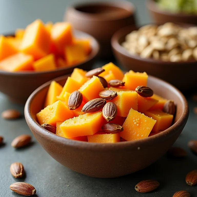 Sementes de abóbora e melão torradas em tigelas, representando o consumo consciente de alimentos.