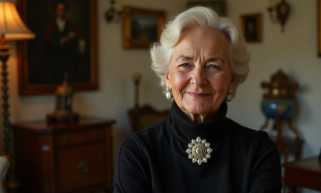 Senhora brasileira com gola alta preta e broche vintage em um interior com decoração antiga.