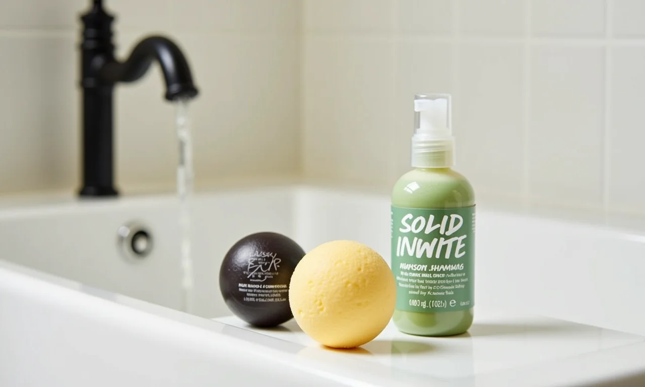 Shampoo e condicionador sólidos da Lush em banheiro minimalista.