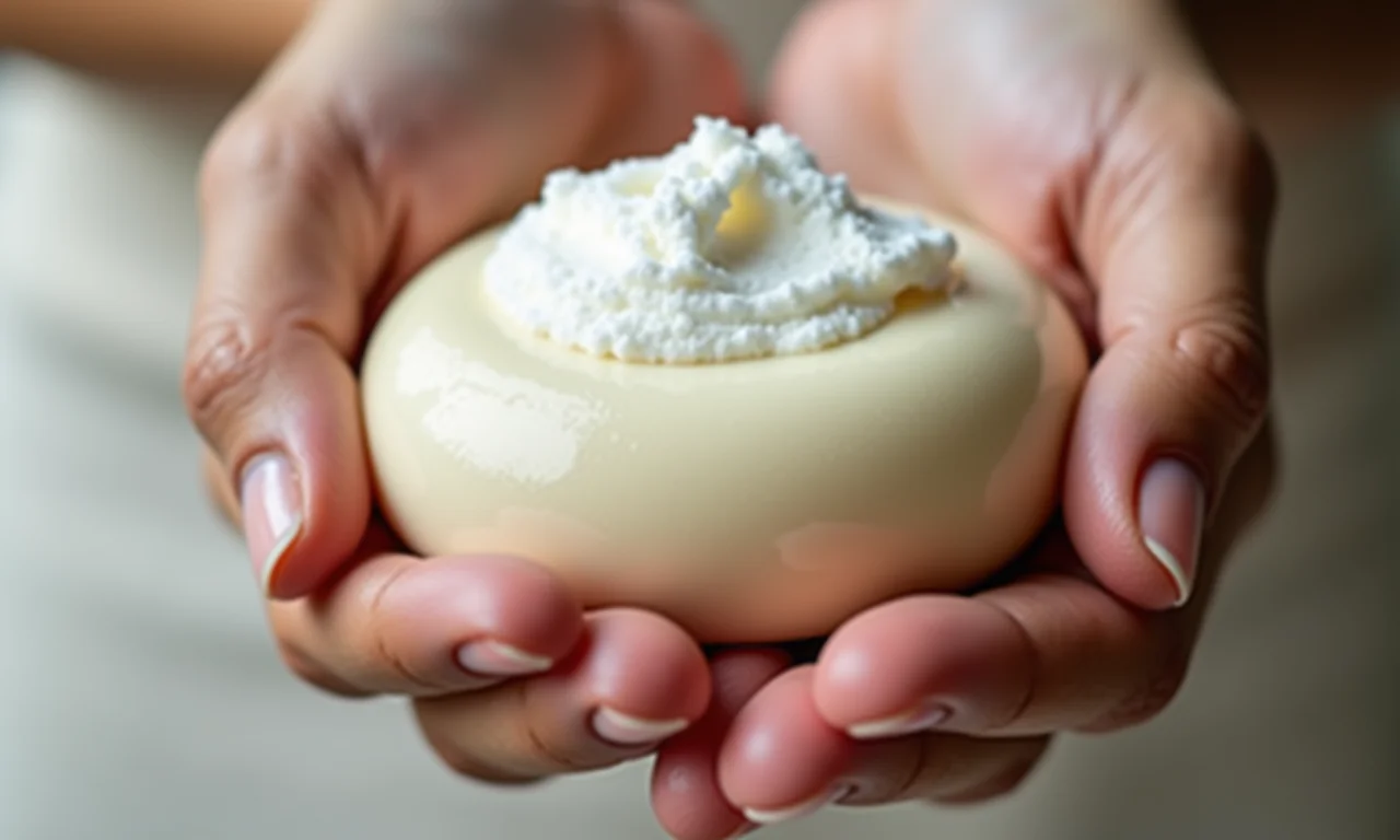 Shampoo sólido detox produzindo espuma suave nas mãos.