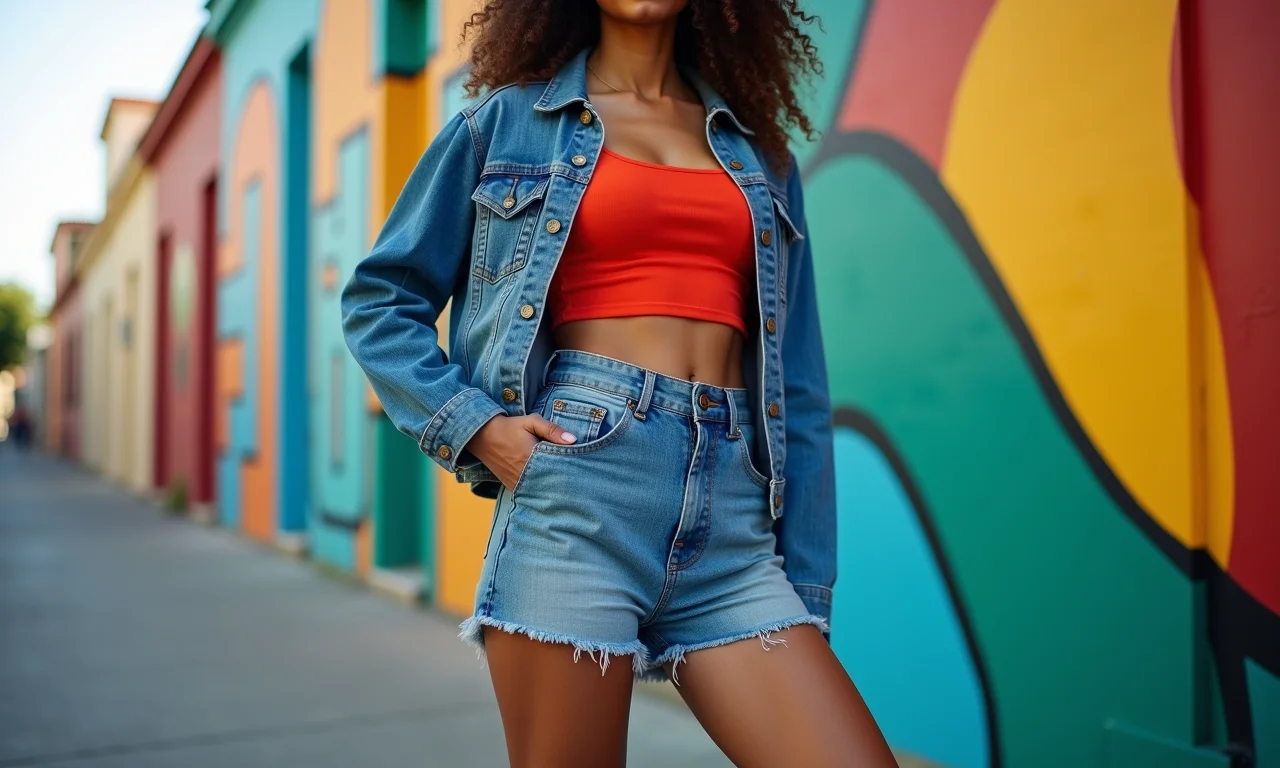 Shorts de cintura alta, cropped e jaqueta jeans: look moderno e despojado.