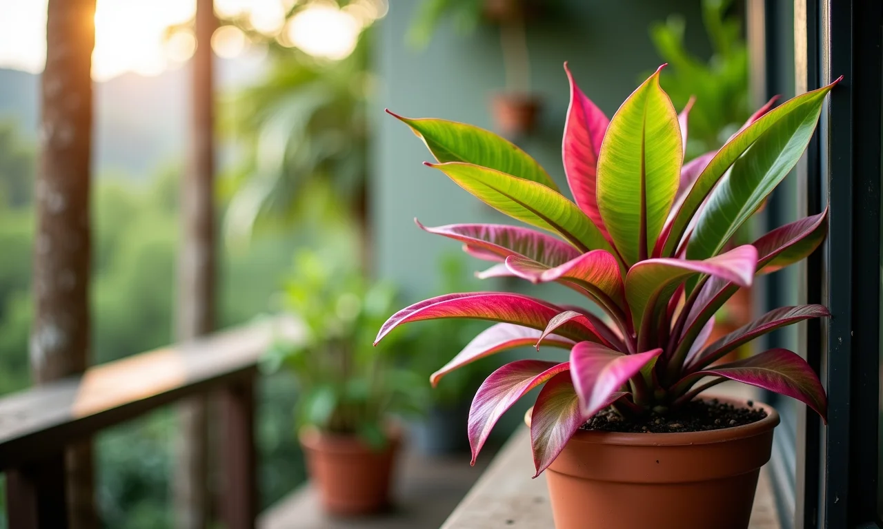 Singônio com folhas vibrantes em vaso na varanda sombreada.