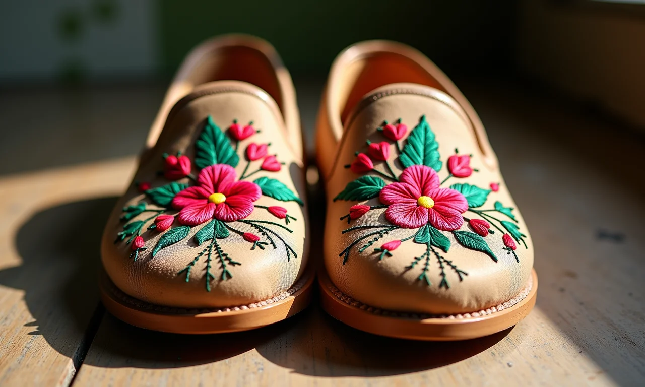 Slippers bordados com detalhes únicos.