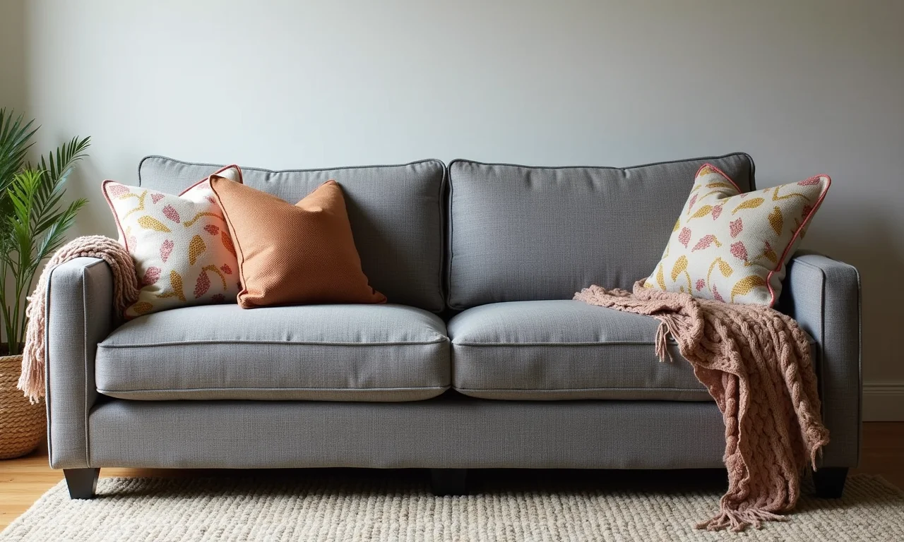 Sofá cinza texturizado com almofadas estampadas e tapete texturizado.