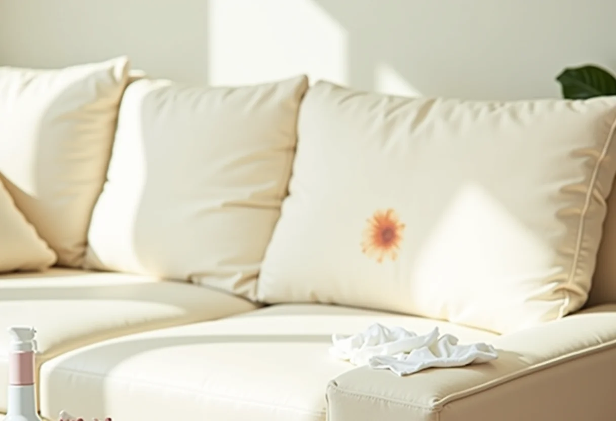 Sofá claro com mancha de caneta e produtos de limpeza ao redor.